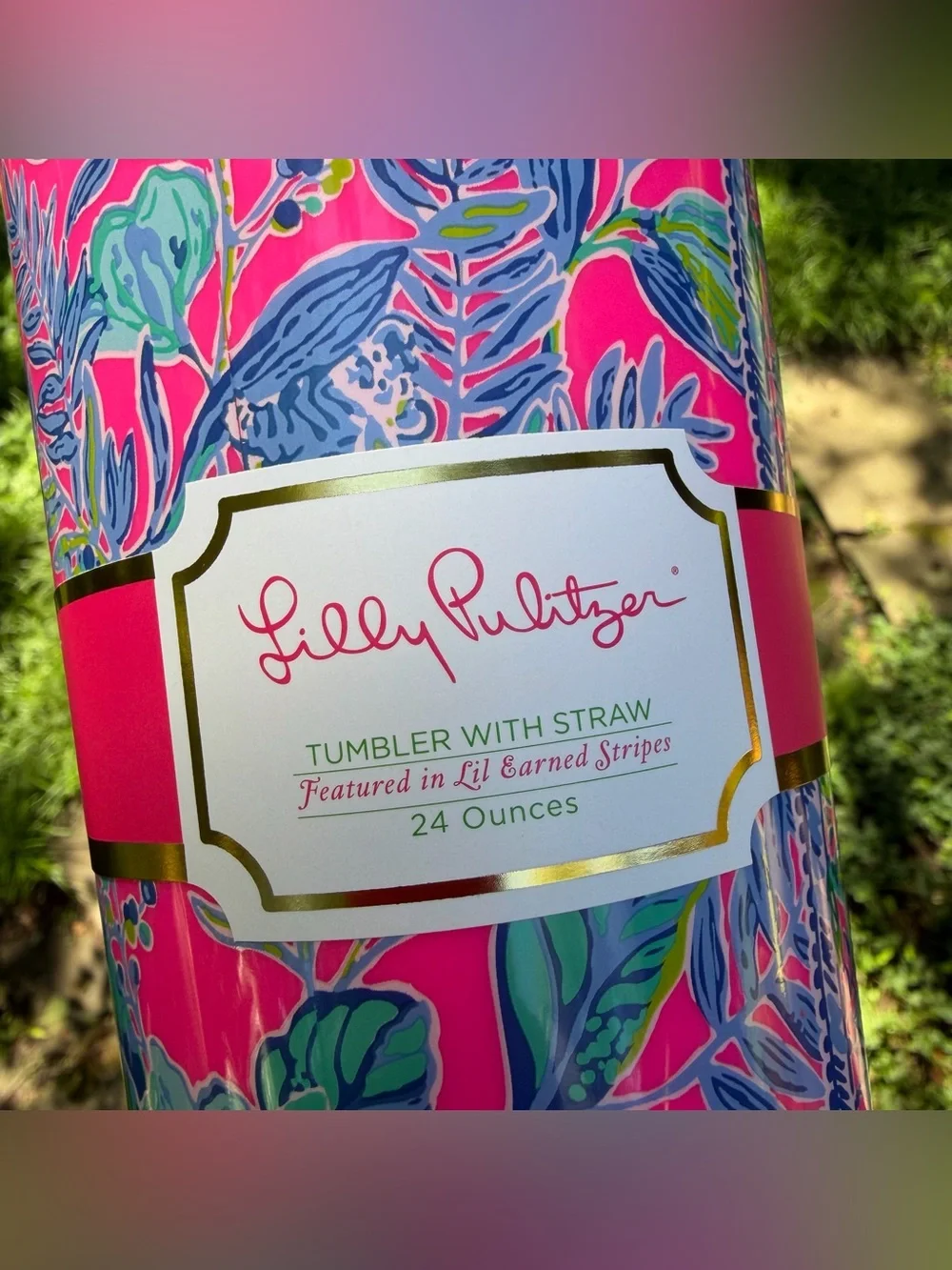 New NWT Lilly Pulitzer 24oz Tumbler w/Straw Lil Earned Stripes Pink Gold Lid